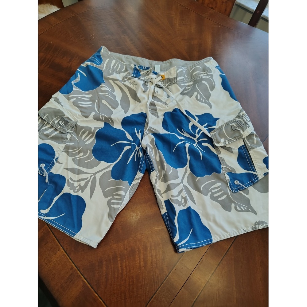 Quiksilver Mens Blue Grey Floral Hibiscus Cargo Board Shorts Swim Trunks Size 34